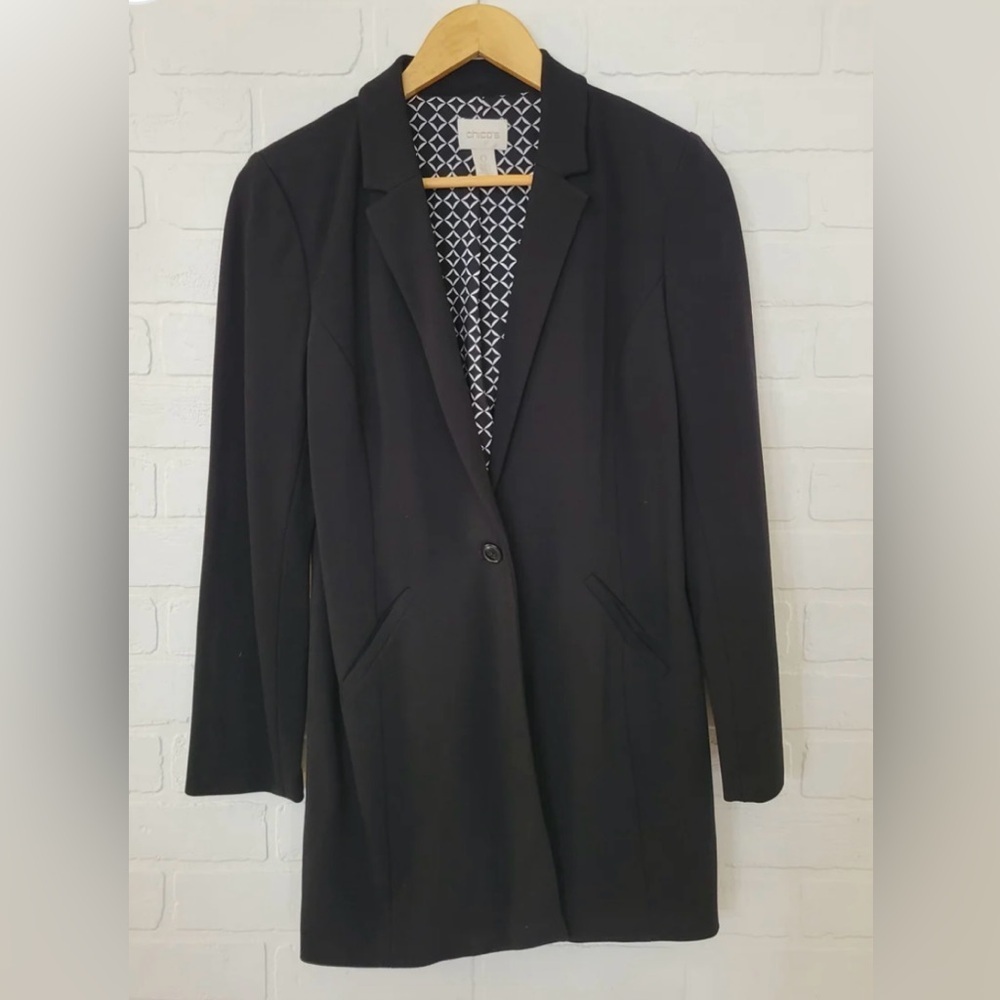 Chicos Blazer Black Long Line Classic One Button Size 0 (US Small) lined